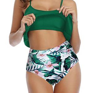 High Waisted Tropical Palm Floral Print Bikini Bottoms